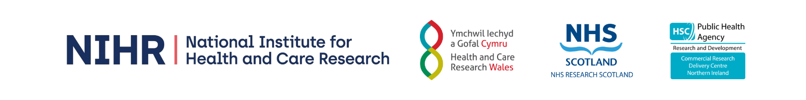 Compilation of logos for: NIHR, Health and Care Research Wales, NHS Research Scotland and Public Health Agency