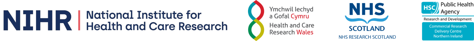Compilation of logos for: NIHR, Health and Care Research Wales, NHS Research Scotland and Public Health Agency